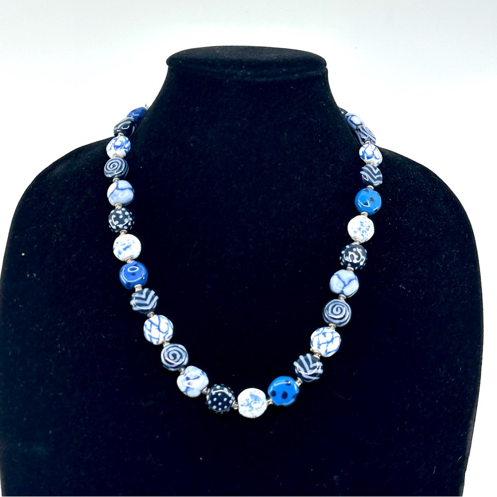 Beaded Necklace Blue Patterned Clay Beads EUC